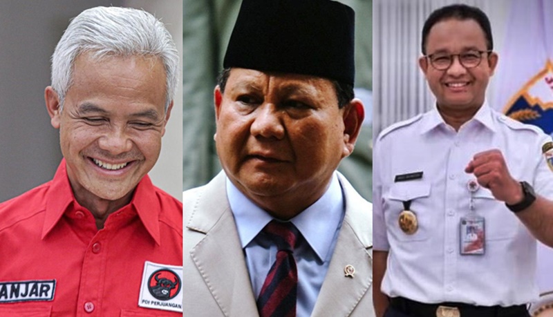 Skemas tiga capres; Ganjar Pranowo, Prabowo Subianto dan Anies Baswedan.